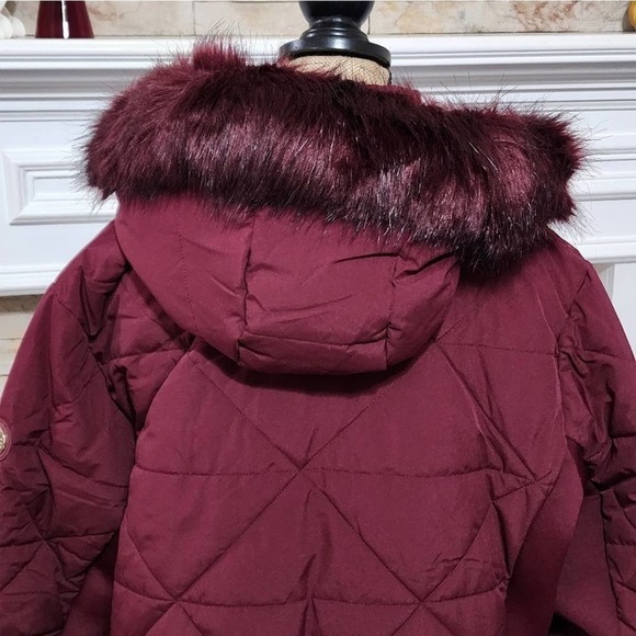 Michael Kors burgundy and gold long puffer coat faux fur trim plus size 3X NEW!! - Picture 2 of 10